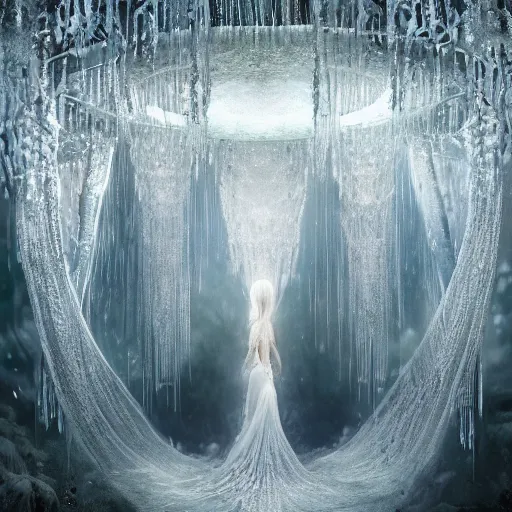 Image similar to under an white intricate like jewels epic forest suspended in the air upside down, a white pool with intricate epic circles of water within which float phantasmagoric biorobotic humanoids, dressed in intricate veils and jewels, epic environment, matte painting, diffused lighting, highly detailed, cinematic, epic atmosphere, digital art, trending on artstation, wide angle