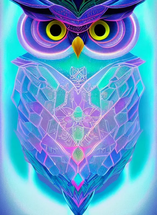 Image similar to symmetry!! product render poster vivid colors divine proportion owl, ice and snow, glowing fog intricate, elegant, highly detailed, digital painting, artstation, concept art, smooth, sharp focus, illustration,