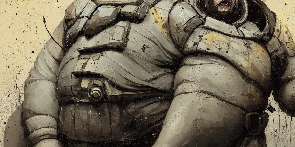 Image similar to portrait of a fat man sci fi soldier ranger, brutalist city architecture, dark epic, white and gold, cables and wires, high details, ceremonial clouds, dripping paint, fibonacci rhythm, artstation, art germ, wlop, pablo dominguez, sabbas apterus, award - winning, artstation