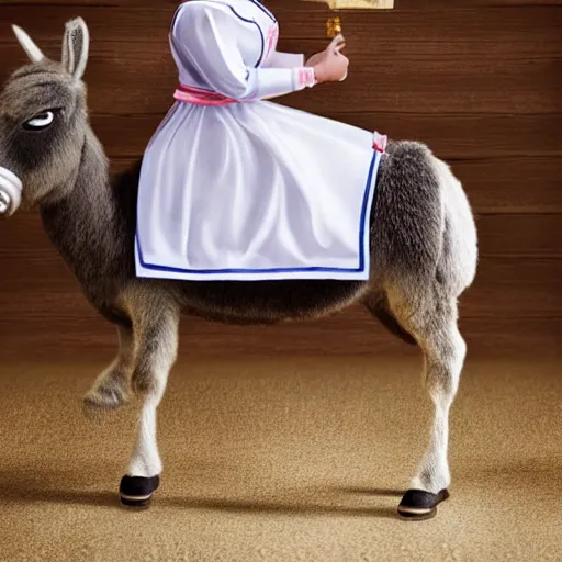 Image similar to cute donald trump riding a donkey wearing a maid outfit, realistic, photography, 8 k, award winning, kawaii