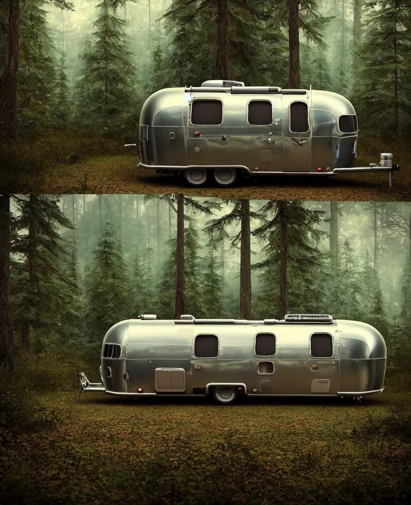 Image similar to image of a sylish vintage airstream camper in magical forest, photorealistic, digital painting, artstation, intricate artwork by Tooth Wu and wlop and beeple. octane render, trending on artstation, greg rutkowski very coherent symmetrical artwork. cinematic, hyper realism, high detail, octane render, 8k