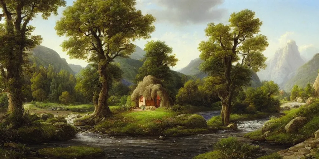 Prompt: a beautiful landscape painting of a cottage by a river in a valley, by john glover, oil on canvas, highly detailed, hd, 4 k