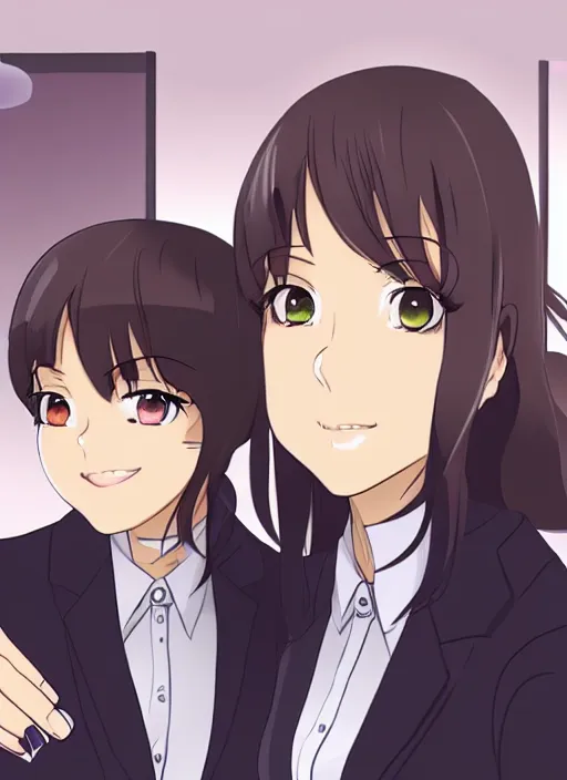 Image similar to a mirror selfie of two beautiful office ladies, gorgeous faces, thick lines, cinematic lighting, detailed anime art