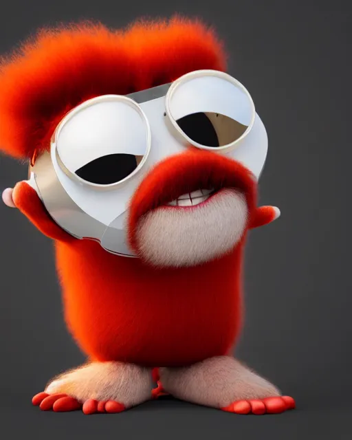 Prompt: 3 d render of completely red hairy friendly antropomorphic chubby cartoony creature wearing chrome shades, without nose, full body, in the style of pixar, simple, cute, white background, unreal engine 5, octane render, highly detailed hdr