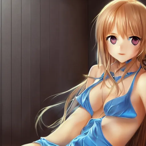 Image similar to a very beautiful young yuuki asuna, full body, long wavy blond hair, sky blue eyes, full round face,, shiny golden bikini, miniskirt, front shot, sitting in a dark prison cell, highly detailed, cinematic wallpaper by stanley artgerm lau