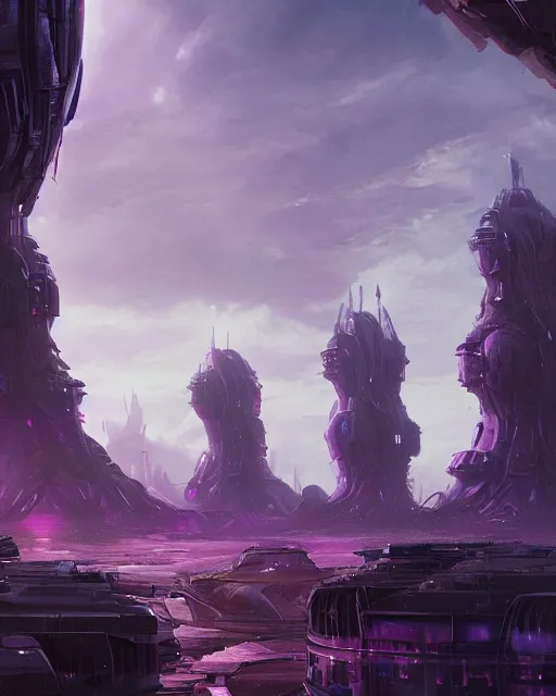 Prompt: an alien city, alien architecture, purple, environment art, fantasy art, landscape art, in the style of greg rutkowski, illustration, epic, fantasy, intricate, hyper detailed, artstation, concept art, smooth, sharp focus, ray tracing