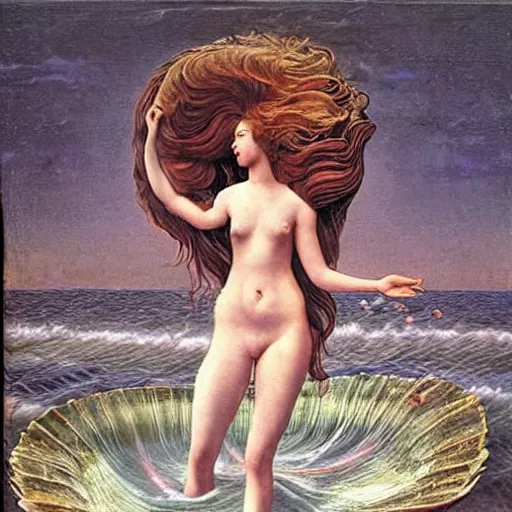 Prompt: The collage depicts the moment when the goddess Venus is born from the sea. She is shown standing on a giant clam shell, with her long, flowing hair blowing in the wind. The collage is full of light and color, and Venus looks like she is about to step into a beautiful, bright future. dada, cosmic horror by Caspar David Friedrich, by Alice Rahon magnificent