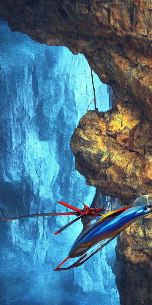 Prompt: a futuristic helicopter hovering in a cave overlooking the ocean, jurassic landscape, 4 k, hyper realistic, coherent design, symmetrical, vivid colour, complementary colour, golden ratio, detailed, sharp lines, intricate, rainbow shift, in unreal 3 d engine, ray tracing, octane render