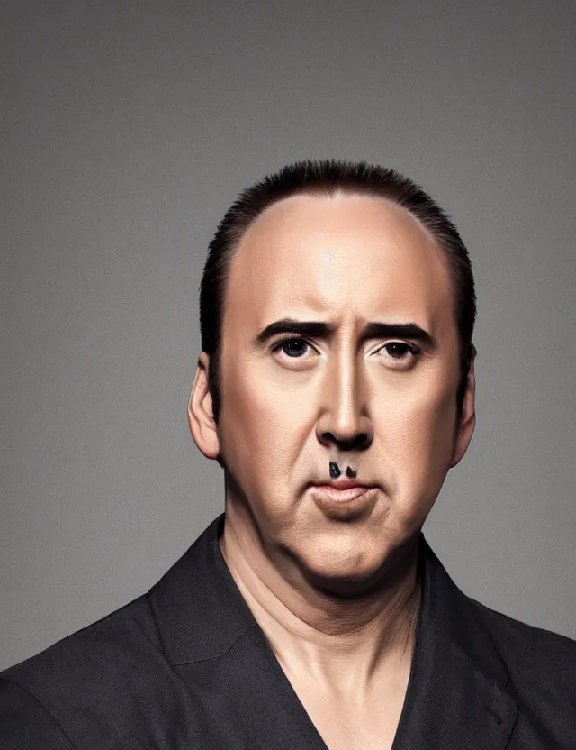 Image similar to portrait of bald nicolas cage neutral expression face straight on headshot even lighting no hair