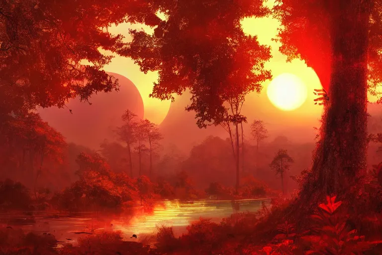 Prompt: gorgeous scarlet android beautiful sunset in the distance through the forest, jungle mountains in the background with immense trees, highly detailed, trending on art station, flying birds in the distance