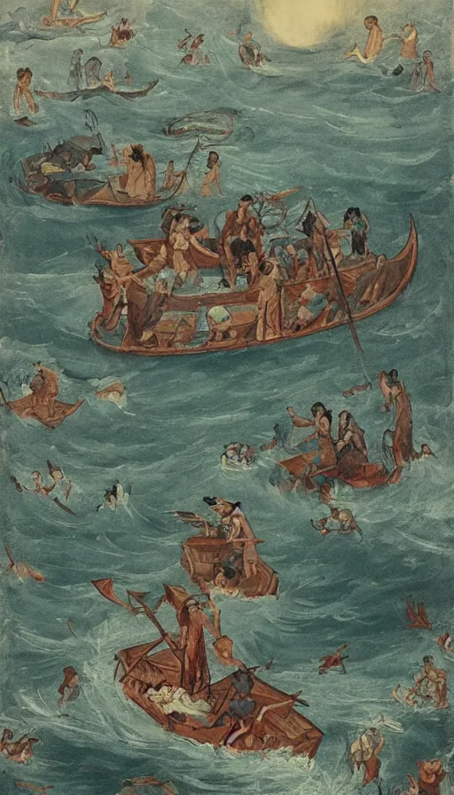 Image similar to man on boat crossing a body of water in hell with creatures in the water, sea of souls, by qian xuan