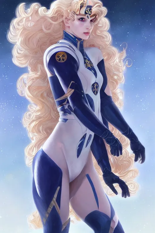 Image similar to genetically augmented super soldier Sailor Moon as a male, pale skin curly blond hair, fantasy, intricate, elegant, highly detailed, digital painting, artstation, concept art, matte, sharp focus, illustration, art by Artgerm and Greg Rutkowski and Alphonse Mucha