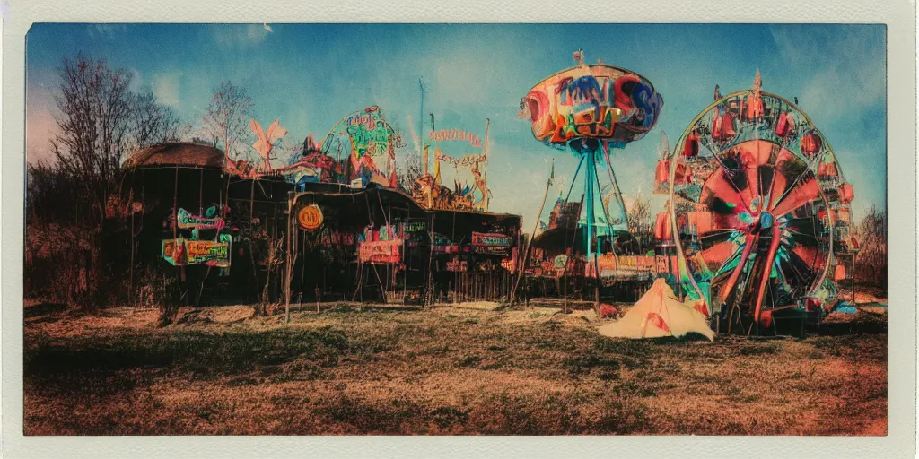 Image similar to polaroid photo of abandoned carnival terrain, vintage colors, lens flare