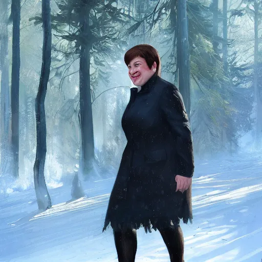 Image similar to close - up shot of supreme court justice elena kagan going for a walk in the woods, digital art by ruan jia and mandy jurgens and artgerm, highly detailed, trending on artstation, award winning