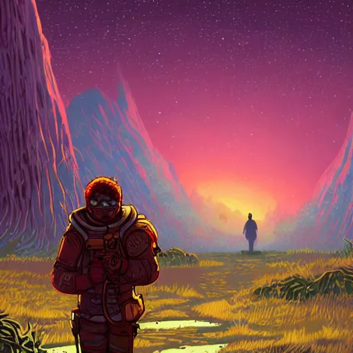 Image similar to weary traveller wandering through an alien world, by dan mumford, 4 k, beautiful, cinematic dramatic