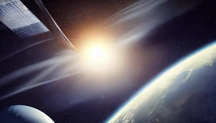 Image similar to solar sail in space, blocking sun, earth visible below, octane render, dramatic