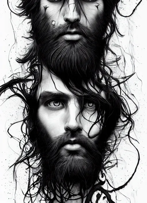 Image similar to a dream portrait of a shy boy with long hair and full beard, black & white, melting, webbing, 8 k, by tristan eaton, stanley artgerm, tom bagshaw, greg rutkowski, carne griffiths, ayami kojima, beksinski, giger, trending on deviantart, face enhance, hyper detailed, minimalist, horror, alien