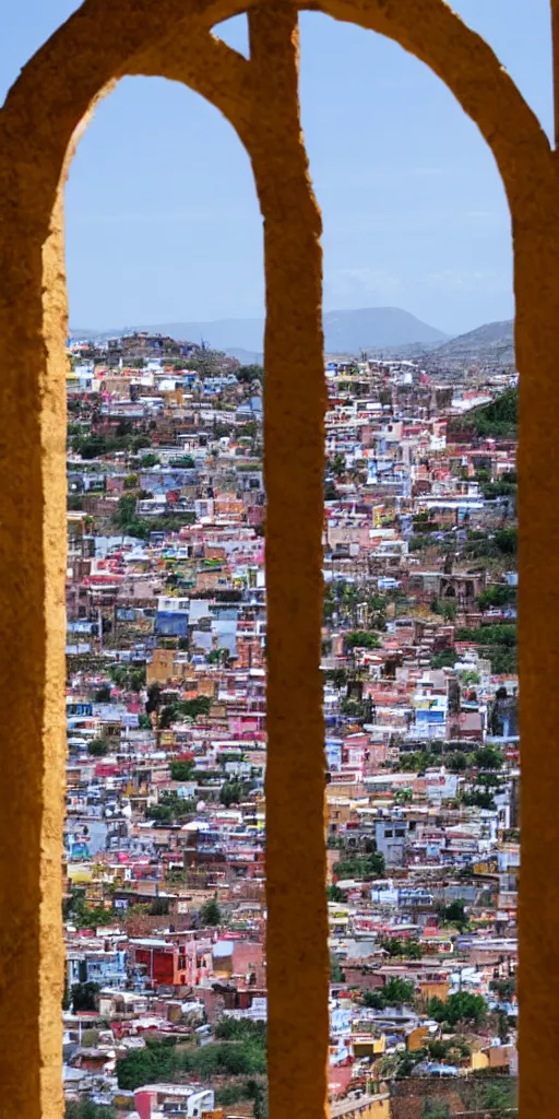Image similar to symmetry!! arched window in foreground, guanajuato city in background, by wes anderson