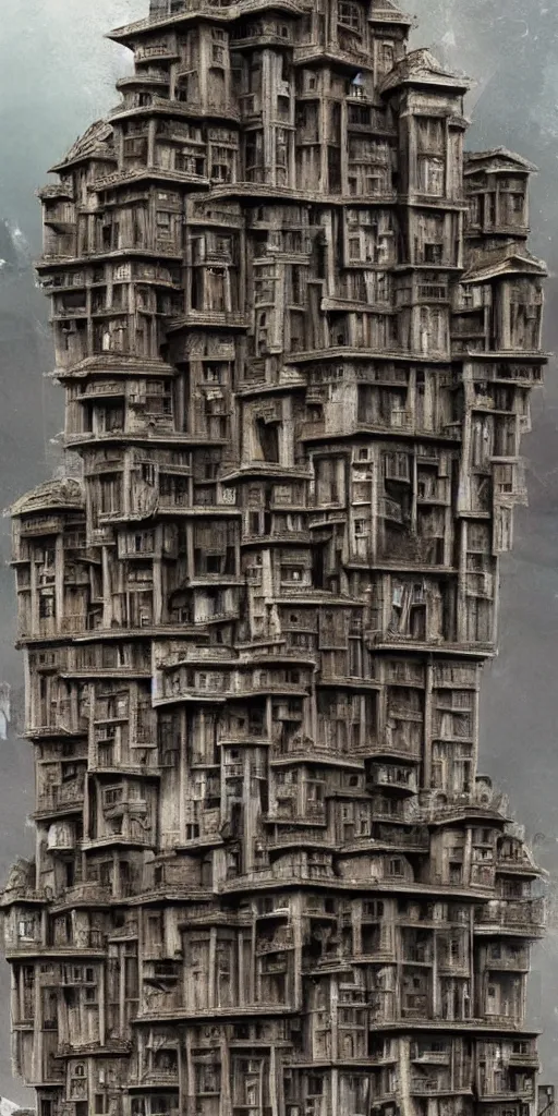 Prompt: an infinite amount of medieval houses stacked on each other, creating a thin monolith, concept art, very very very very tall, trending on deviantart, movie still, award wining photograph