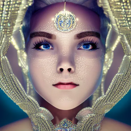 Prompt: portrait of wonderful princess of diamonds with fair skin, looking up, ornate 8 k gorgeous intricate detailed, white accent lighting, dramatic cinematic light, award winning photography, octane render