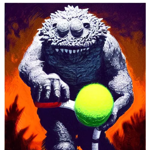 Image similar to a tennis ball monster, tennis ball, dark, chalky, godzilla, digital art, fantasy, magic, trending on artstation, ultra detailed, professional illustration by Basil Gogos