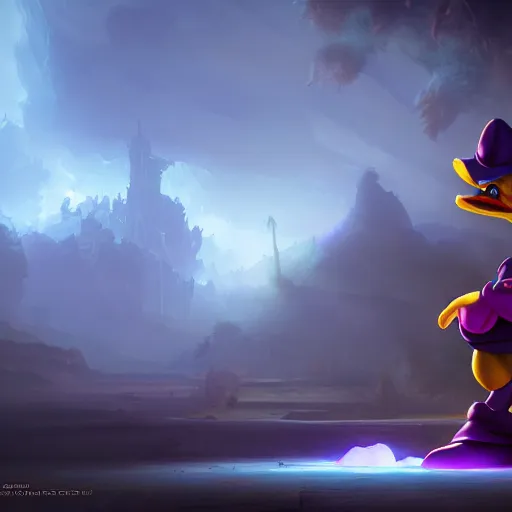 Prompt: Darkwing Duck, sharp focus, fantasy style, octane render, volumetric lighting, 8k high definition, by greg rutkowski, highly detailed, trending on art Station