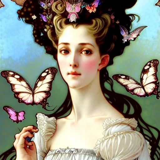 Prompt: realistic detailed face portrait of young beautiful fairy tale Queen Marie Antoinette with a halo of butterflies by Alphonse Mucha, Ayami Kojima, Yoshitaka Amano, Charlie Bowater, Karol Bak, Greg Hildebrandt, Jean Delville, and Mark Brooks, Art Nouveau, Pre-Raphaelite, Neo-Gothic, gothic, Art Nouveau, intricate fine details, whimsical, exquisite, rich deep moody colors, beautiful detailed background