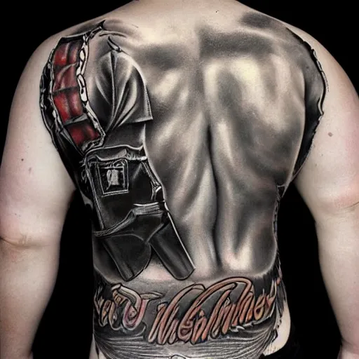 Image similar to photorealistic painting of a picture of my new back tattoo of chris redfield by tom of finland