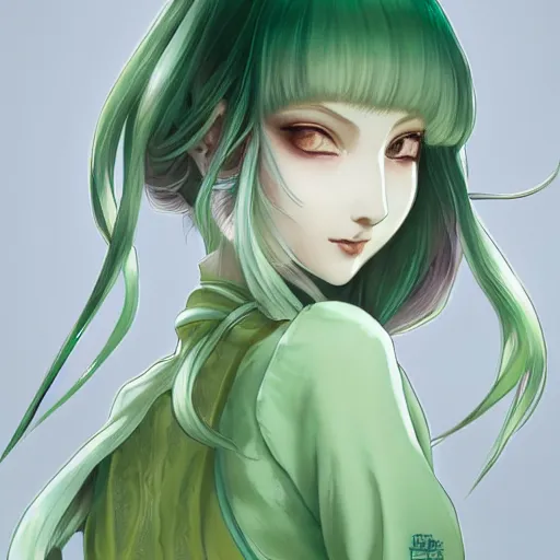 Image similar to adult girl with long light green hair, light green eyes, a small pigtail on the left side, chinese dress, chinese style, anime style, hyper detailed, light green dress, illustration, digital painting, art by artgerm and greg rutkowski and alphonse mucha, high delicate defined details, anime stylized, highly detailed, realistic, sharp focus