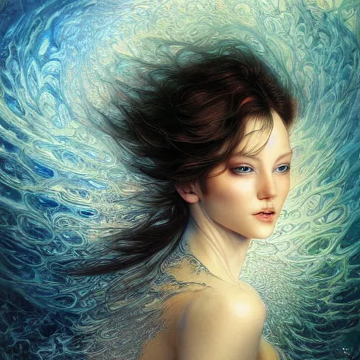 Image similar to a beautiful fractal manipulating water by karol bak, ayami kojima, artgerm, river, water, blue eyes, smile, concept art, fantasy