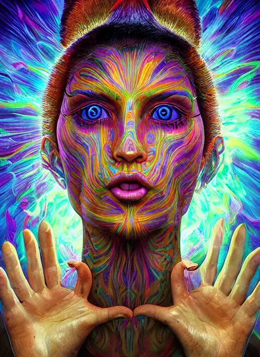 Image similar to portrait ultra dimensional enlightened cult girl shaman, tripping on dmt salvia, psychedelic experience, ascending through the fifth dimension moving at the speed of light and sitting still, ultra high definition, unreal engine 5, hyperrealism, masterpiece composition, by peter kemp, casey weldon, barclay shaw