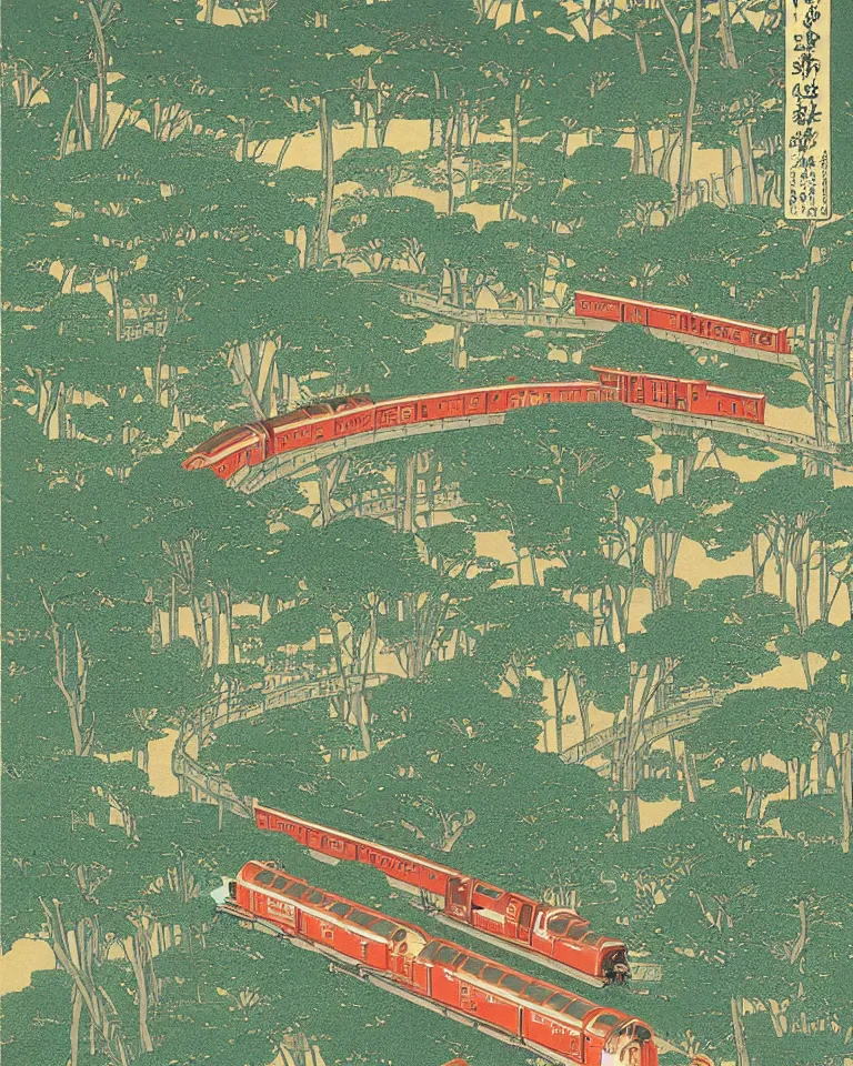 Image similar to close-up graphic poster of small model trains traversing a lush garden by Hasui Kawase.