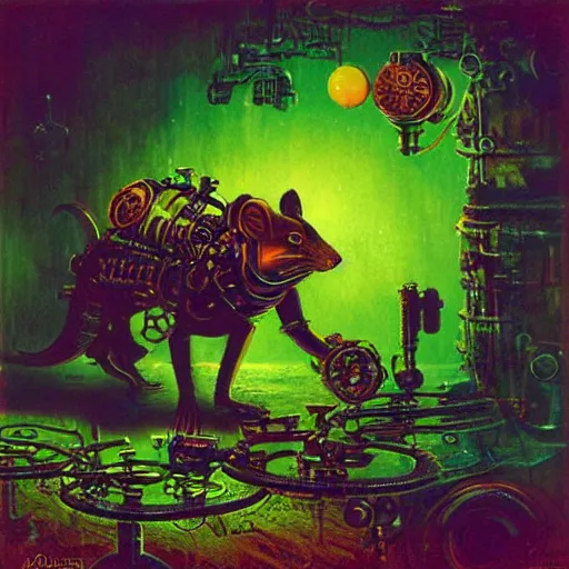 Prompt: steampunk rat, acid, 303, psychedelic, by paul lehr, cd cover for techno artist