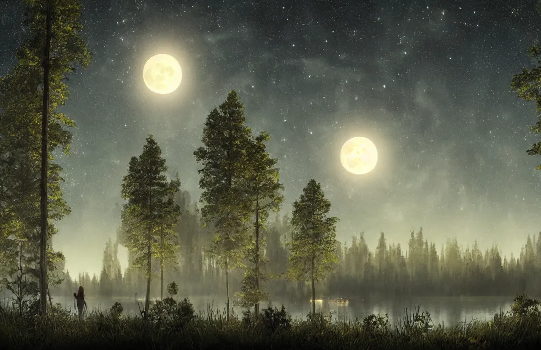 Image similar to full moon shining over a lake, forest in the background, starry night, dynamic glowing lighting, volumetric, bokeh, cinematic, establishing shot, extremly high detail, photo realistic, cinematic lighting, post processed, concept art, artstation, matte painting, style by eddie mendoza, raphael lacoste, alex ross