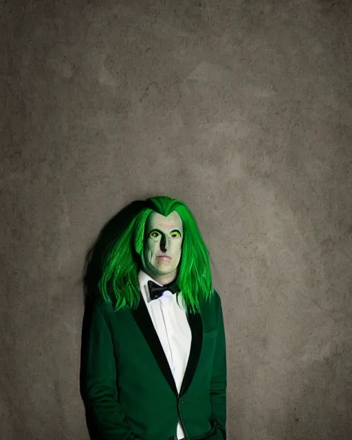 Image similar to Will Arnett as Beetlejuice, green hair, cinematic lighting, 4k portrait photograph