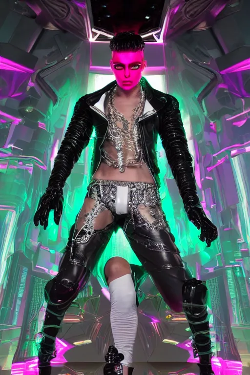 Image similar to full-body rococo and cyberpunk style crystal quartz sculpture of a young handsome seductive Puerto Rican android gogo boy reaching for the sky, glowing pink laser eyes, crown of white gears and diamonds, swirling green-colored silk fabric. futuristic elements. full-length view. intricate artwork by caravaggio. Trending on artstation, octane render, cinematic lighting from the right, hyper realism, octane render, 8k, depth of field, 3D