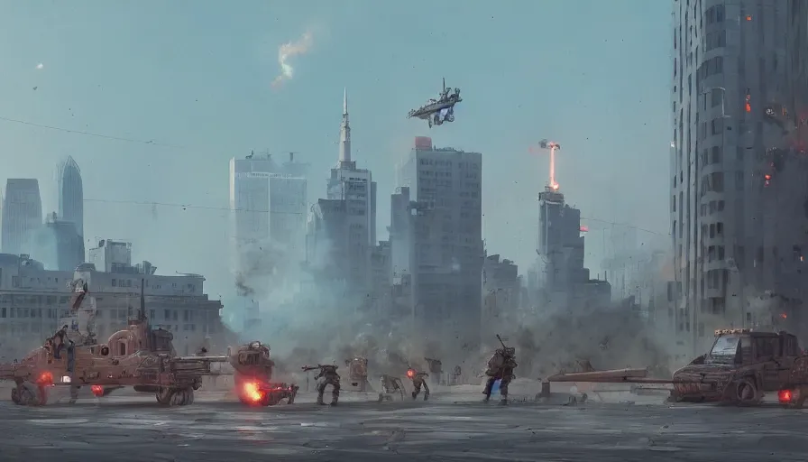 Image similar to warsaw downtown, soldiers and mech fight, simon stalenhag, 4 k, ultra detailed, explosions and smoke