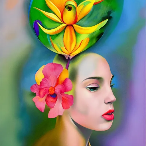 Prompt: huge flower as head, woman standing in a luxury apartment, surreal photography, dramatic light, impressionist painting, digital painting, artstation, georgia o'keeffe