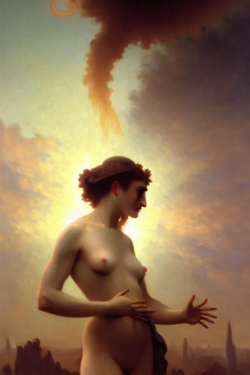 Prompt: Devourer of worlds, illustration, sexy, chaotic, god, mist, nuclear explosion background, volumetric lighting, soft lighting, soft details, painting oil on canvas by William-Adolphe Bouguereau and Edmund Blair Leighton, octane render, HDR, trending on artstation, 4k, 8k, HD