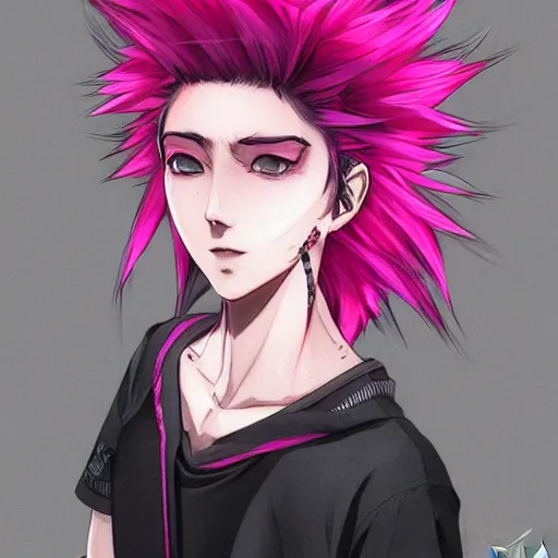 Image similar to full headshot portrait of anime woman with pink mohawk punk, digital art, drawn by WLOP, by Avetetsuya Studios, anime manga panel, trending on artstation, wearing a plaid shirt