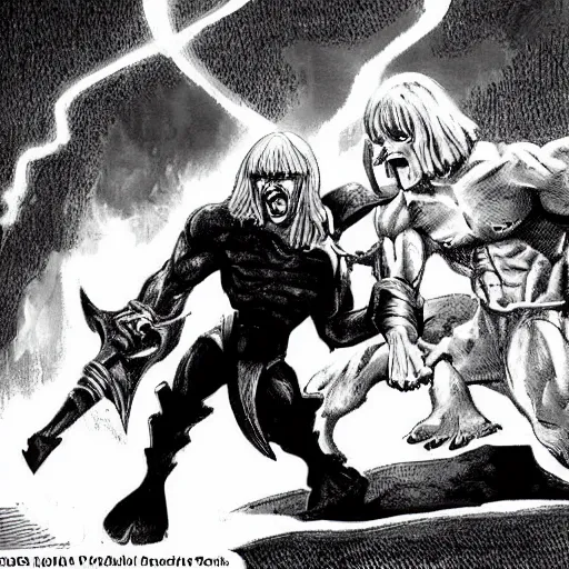 Image similar to he - man fights skeletor hyper realistic in the white house