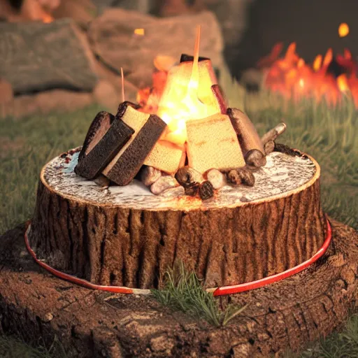 Prompt: a birthday cake with a camp fire on top, photography, photorealistic, concept art, octane render, unreal engine 5, highly detailed, high quality, 8 k, soft lighting,
