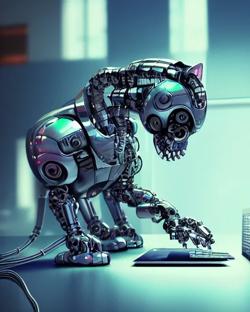 Image similar to a metallic robotic cyborg cat eating a computer mouse, cyberpunk, digital art, 8 k, trending on artstation