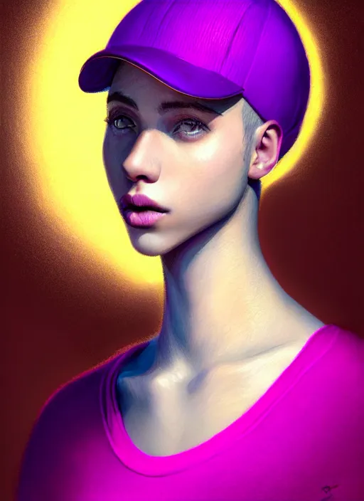 Image similar to portrait of teenage vanessa morgan with bright pink hair, curly pixie cut hair, wearing a purple breton cap, breton cap, hoop earrings, intricate, elegant, glowing lights, highly detailed, digital painting, artstation, concept art, smooth, sharp focus, illustration, art by wlop, mars ravelo and greg rutkowski