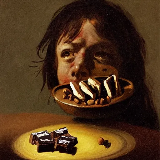 Image similar to saturn devouring a snickers chocolate bar, goya painting, in the style of goya and greg rutkowski, in the style of black paintings, 8 k, highly realistic