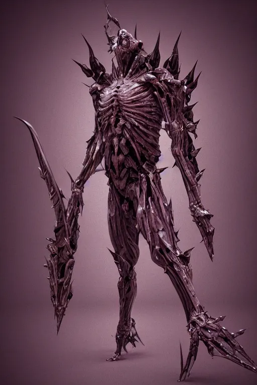 Image similar to demon knight in scifi military obsidian armor exoskeleton but muscular body posing in cosmos, octane render, 4k, hardsurface, scifi, zbrush clay sculpture, Simon Lee, artstation 3D, unreal 4, ue4 ue5, high poly, highly detailed, thorns biomechanical environment with exposed ribs and teeth, horror medical, film grain, film, cinematic, dof, in focus, bokeh