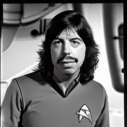 Prompt: A young David Grohl as a crew member on Star Trek the original series, XF IQ4, 150MP, 50mm, F1.4, ISO 200, 1/160s, natural light, Adobe Photoshop, Adobe Lightroom, photolab, Affinity Photo, PhotoDirector 365