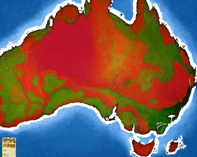 Image similar to recently rediscovered map of Australia with river systems and topology, lifelike, super highly detailed, professional digital painting, artstation, concept art, smooth, sharp focus, extreme illustration, Unreal Engine 5, Photorealism, HD quality, 8k resolution, cinema 4d, 3D, beautiful, cinematic, art by artgerm and greg rutkowski and alphonse mucha and loish and WLOP