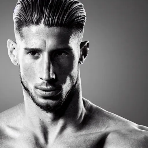 Prompt: a realistic detailed photo of a guy who is an attractive humanoid who is half robot and half humanoid, who is a male android, soccer player sergio ramos, shiny skin, posing like a statue, blank stare, in a living room, on display, showing off his muscles