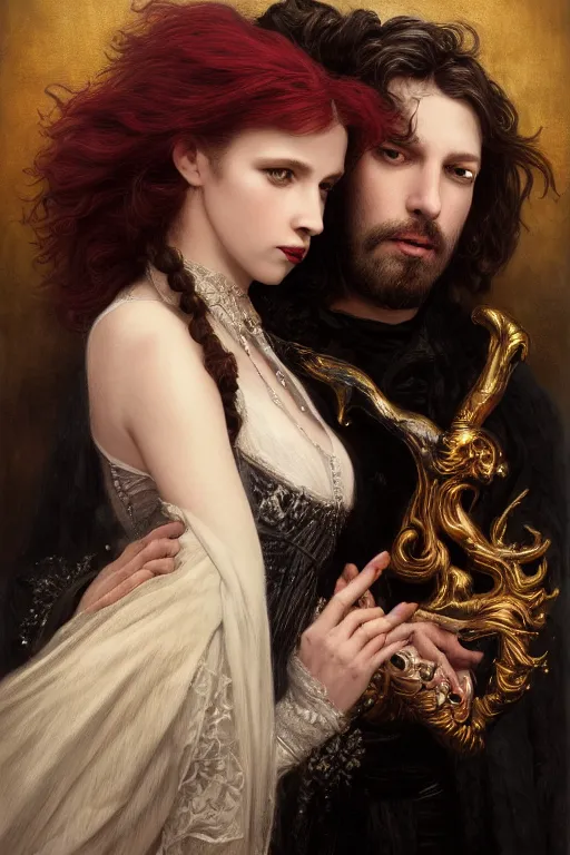 Prompt: a portrait of handsome young male rock star Satan and his elegant beautiful witch wife, bored, illustration, dramatic lighting, soft details, painting oil on canvas, art nouveau, octane render, HDR, 4k, 8k, HD, by Edmund Blair Leighton, Brom, Charlie Bowater, trending on artstation, faces by Tom Bagshaw, Sargent